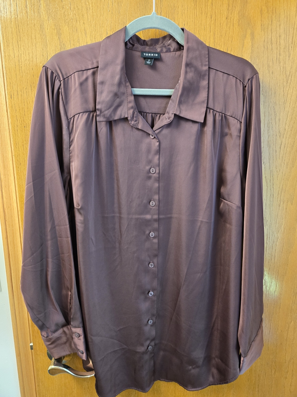 Torrid Satin Button-Up Blouse in Plum Brown